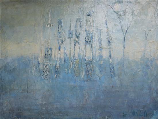 Keith Mitchell, oil on canvas, Blue Totems, signed and dated 65 50 x 65cm
